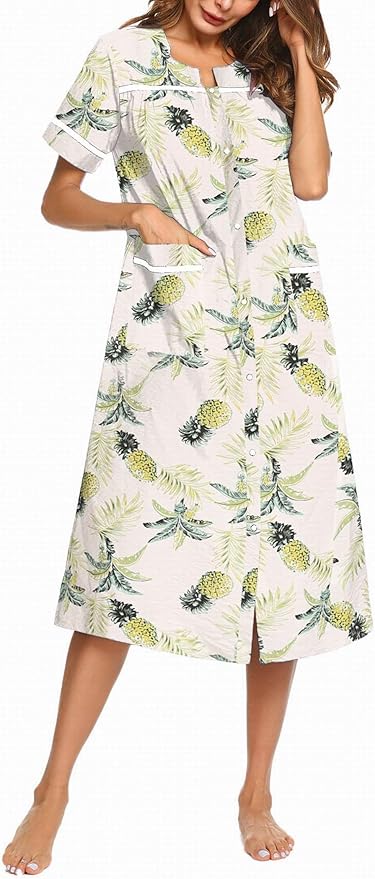 Ekouaer Womens Snap Front Dusters Cotton Housecoat Short Sleeve Nightgown House Dress With Pockets