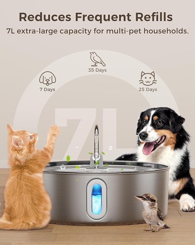 Smartoo 7L/236oz Stainless Steel Dog Water Fountain for Large Dogs,6Filters | 25dB Ultra-Quiet Automatic Pet Water Dispenser with Deeper Bowl, 4-Stage Filtration,Ideal for Big Breeds,Multi-Pet Households