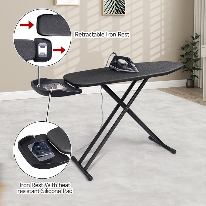 Duwee 16"×46" Extra Wide Ironing Board Full Size with Retractable Iron Rest | Ironing Board with Heat Resistant Cover Thicken Padding,Adjustable Height,Heavy Duty Sturdy Legs and Foldable,Black