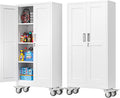 PAOFIN 61''H Metal Garage Storage Cabinet with Wheels,Steel File Cabinets with 2 Doors and 3 Adjustable Shelves for Home Office, Warehouse, Required Assembly,White