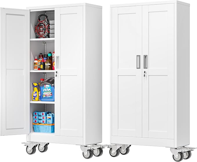 PAOFIN 61''H Metal Garage Storage Cabinet with Wheels,Steel File Cabinets with 2 Doors and 3 Adjustable Shelves for Home Office, Warehouse, Required Assembly,White