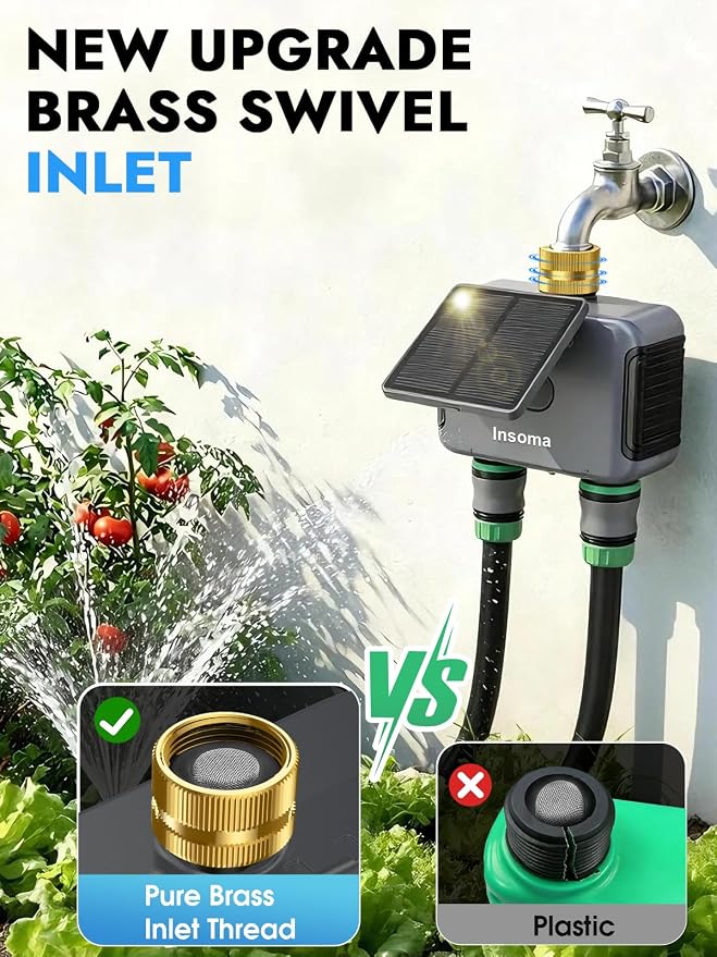 Insoma Solar WiFi Water Timer w/Adjustable 120° Solar Panel, 2-Zone Smart Sprinkler Timer Solar&Type-C Powered, APP&Voice Control Auto Irrigation for Lawn Garden, No Need Hub, Work with Alexa&Google