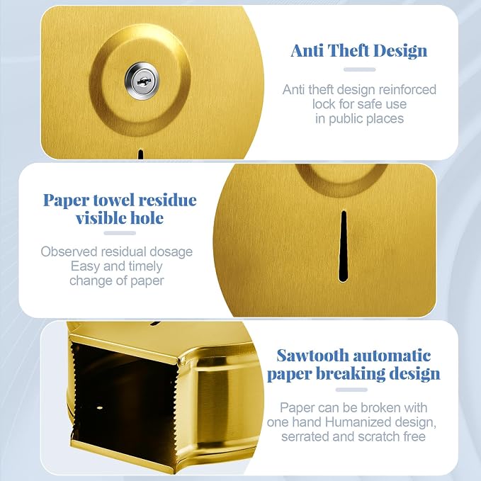 Mifoci 2 Pcs Industrial Toilet Paper Holder Commercial Roll Dispenser Wall Mount Stainless Steel Jumbo Tissue Dispenser Fits 9" Roll Toilet Paper for Office Home Public Places (Gold)