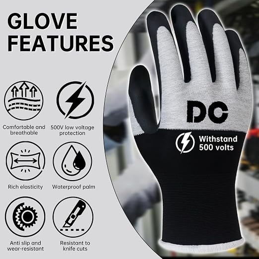 DongChu Insulated Electrician Gloves 500V Touch-Screen Voltage/Flame Retardant Work Gloves, Electrical Rubber Non-slip Texture Design for Electricians Prevent Shock (Large)