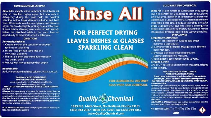 Quality Chemical Heavy Duty Liquid Alkaline Commercial Dishwasher Detergent (1 Gallon) - Rinse All/Commercial Industrial Grade Rinse Aid/Dishwasher Rinse Aid, heat and cool dry Finish (1 Gallon)