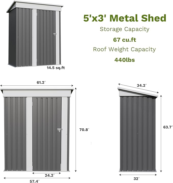 Patiowell 5x3 FT Outdoor Storage Shed, Garden Tool Shed | with Sloping Roof and Lockable Door, Metal Shed for Backyard Garden Patio Lawn, Gray