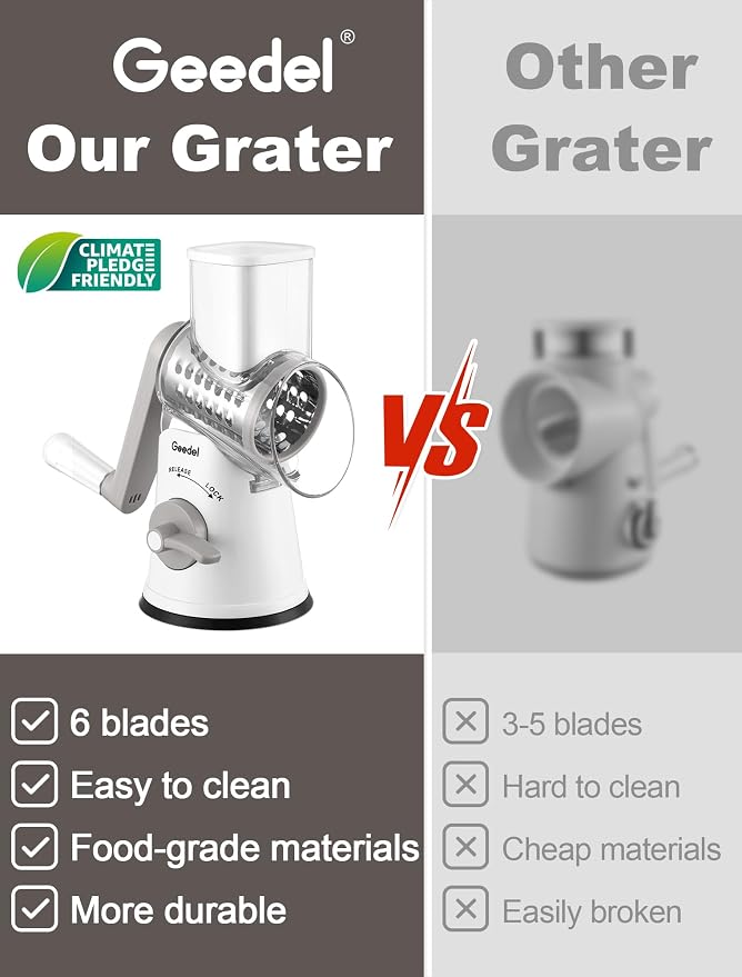 Geedel Rotary Cheese Grater Vegetable Shredder With 6 Interchangeable Blades No Slip Suction Base, Mandoline Slicer & Food Chopper for Cheese, Ice, Nuts, Vegetables, Veggie