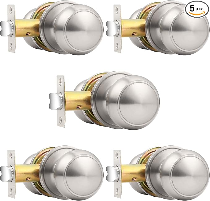 Probrico Brushed Nickel Passage Door Knobs Round Handles for Hall or Closet Knobs Keyless Hardware, 5 Pack