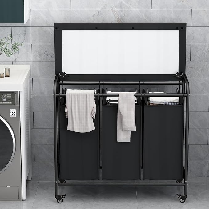 LINZINAR 3-Bag Laundry Hamper with Ironing Board, Black 135L Laundry Sorter | Laundry Room Organization with Heavy Duty Rolling Lockable Wheels and Removable Bag, Bedroom Laundry Cart for Clothes Storage