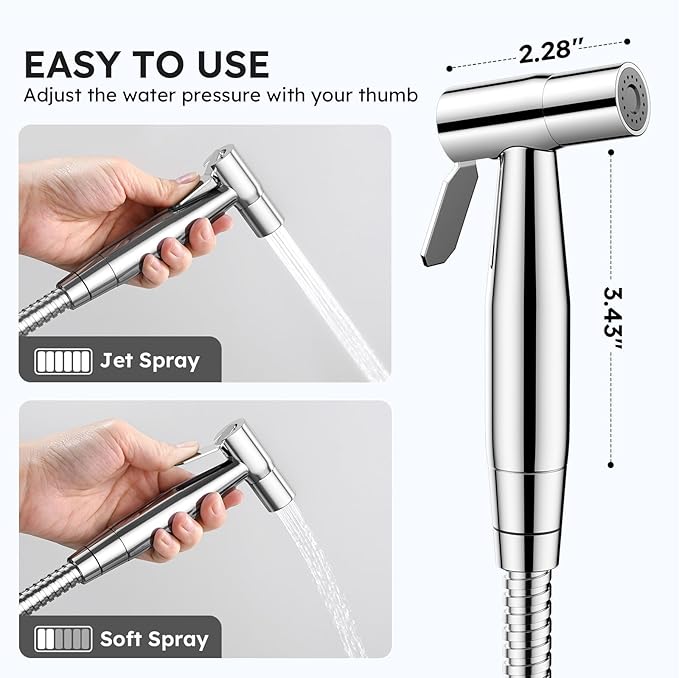 Arofa Chrome Handheld Bidet Sprayer for Toilet - Stainless Steel Cloth Diaper Jet Spray, Adjustable Water Pressure Control With Spray Hoses for Baby/Feminine Wash
