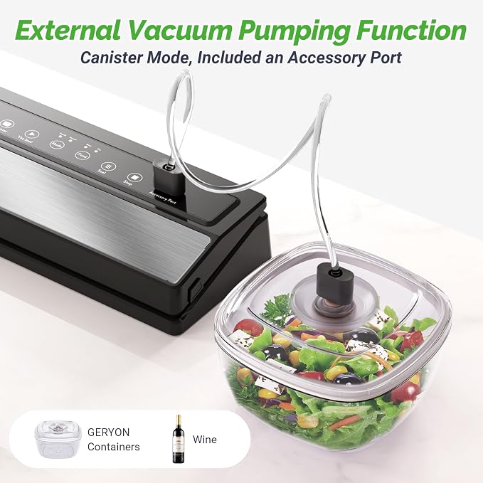 GERYON Vacuum Sealer, Vacuum Sealer Machine for Food Storage with Sealer Bags & Roll, Automatic Food Sealer for Sous Vide, Compact Design, LED Lights, Easy to Clean, Dry & Moist Modes (Grey)
