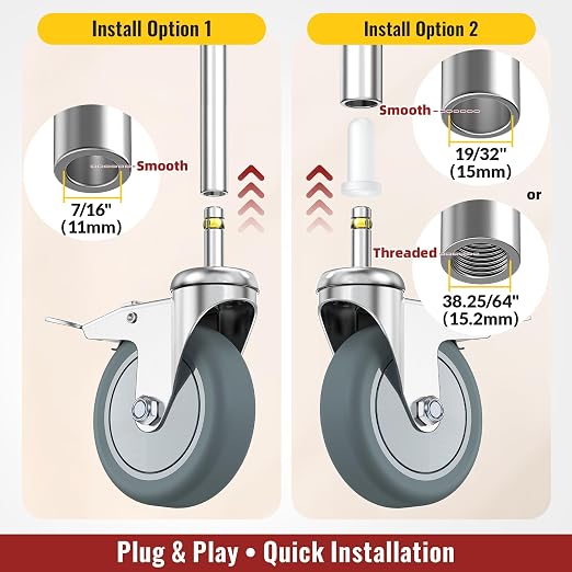 HOLKIE Stem Caster Wheels 4 inch Locking Casters Set of 4, 7/16-Inch Stem Diameter Swivel Castor Heavy Duty TPR Rubber Replacement Castors for Cart, Stool, Mop Bucket, Grill, Shop Vac