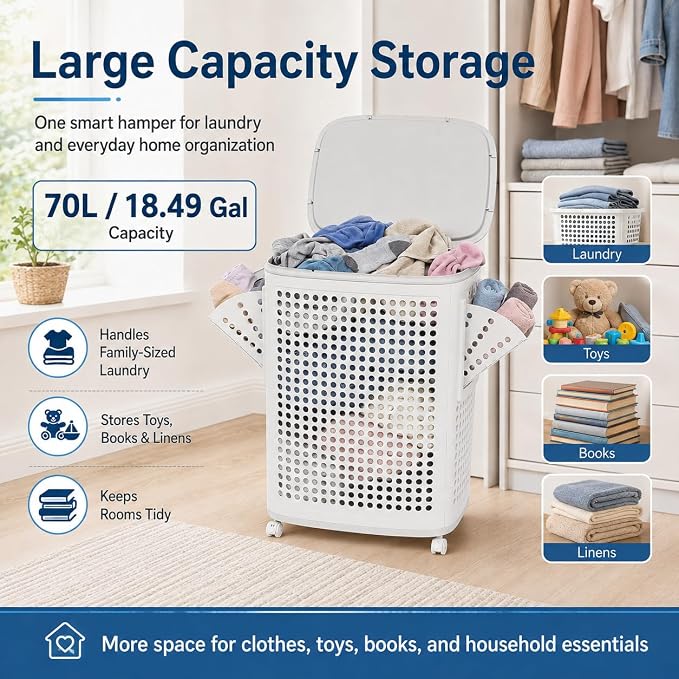 Laundry Hamper with Wheels, 70L/18.5Gal Large Capacity Collapsible Laundry Basket, Portable Rolling Laundry Bin with Lid & Handle, Side Hanging Baskets for Bedroom, Bathroom, Dorm (White)