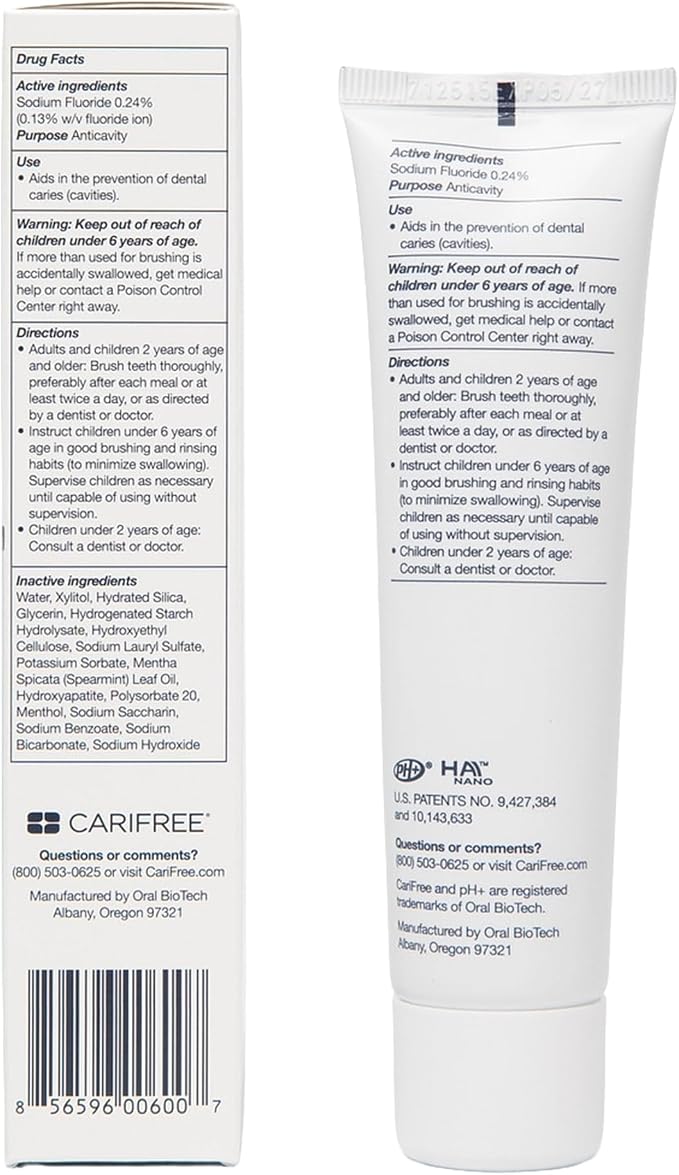 CariFree 1100 Fluoride Toothpaste, Nano Hydroxyapatite, Mint, 2.4 oz, 4 Pk | Anti-cavity pH neutralizing gel; enamel protection; dentist recommended; multipack value for the whole family.