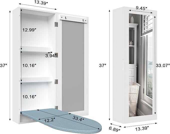 Ironing Board Cabinet with Storage for Laundry Room,White | Mirror Door|3-tier Storage Shelves|High-Temperature Protection Design|Good Load-Bearing Capacity