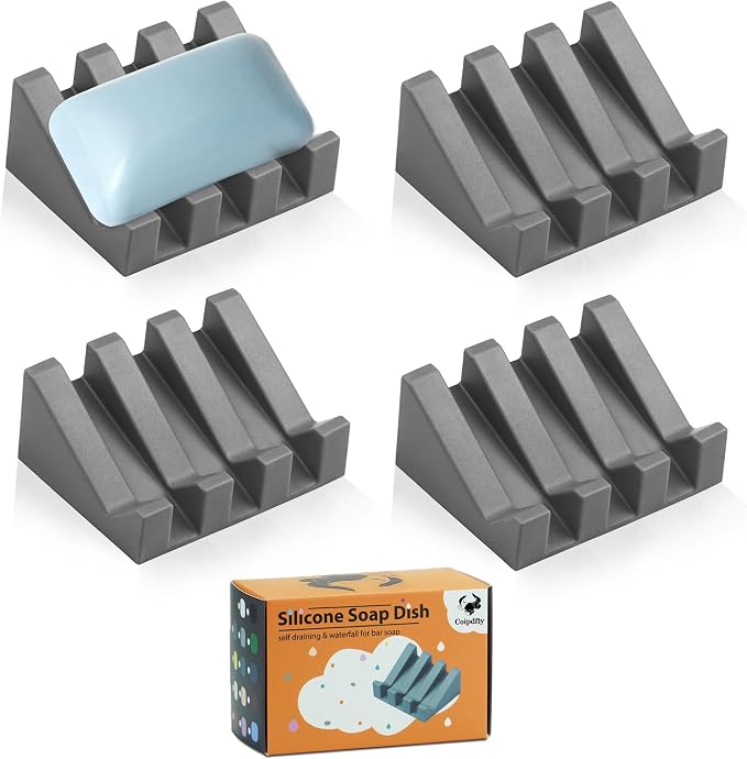 Self Draining Soap Dish Holder,Silicone Soap Dish,for Bathroom,Kitchen, Sponges，Can Extend Soap Life，Keep Soap Bars Dry and Easy Cleaning (N-Grey,4-Pack)
