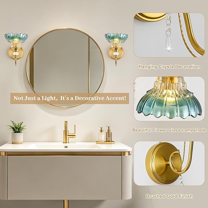 1 Piece Vintage Wall Sconce, 1-Light Brushed Gold Finish Wall Sconce with Hanging Crystal Accents and Flower-Shaped Teal Shades for Bathroom Bedroom Living Room,Vintage Vanity Light