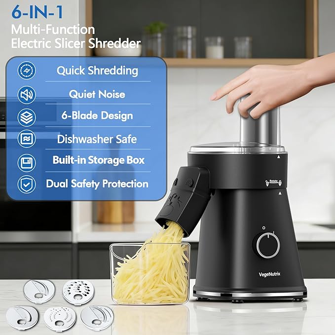 Electric Cheese Grater Salad Shooter, 6-In-1 Electric Slicer For Home Kitchen,One-Touch Easy Control,With Safety Push Bar Cheese Grater Electric For Zucchini,Cheese,Vegetable