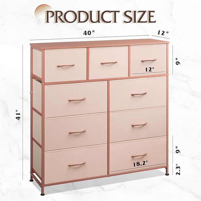 WLIVE 9-Drawer Dresser, Fabric Storage Tower for Bedroom, Hallway, Entryway, Closet, Tall Chest Organizer Unit with Fabric Bins, Steel Frame, Wood Top, Easy Pull Handle, Pink
