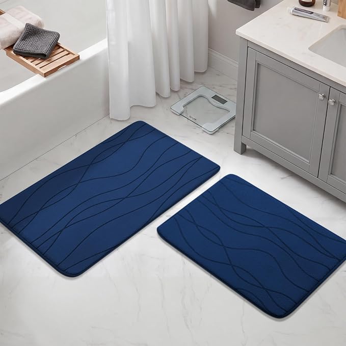 YIHOUSE Bathroom Rugs Set 2 Piece, Memory Foam Bath Mat Navy Blue | 17x24& 20x32, Ultra Soft, Absorbent, Non-Slip, Machine Washable, for Bathroom, Sink and Toilet