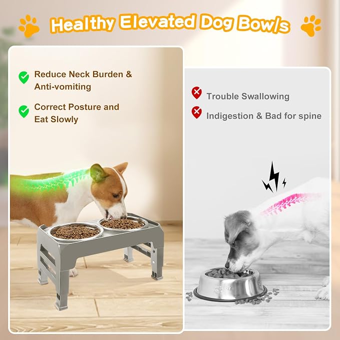 Elevated Dog Bowls for Small Dogs 3 Height Adjustable Raised Dog Bowl Stand with 25oz Stainless Steel Food Bowls Anti-Slip Small Dogs Feeder Adjusts to 7.5", 6", 2.75", Light Brownish Gray