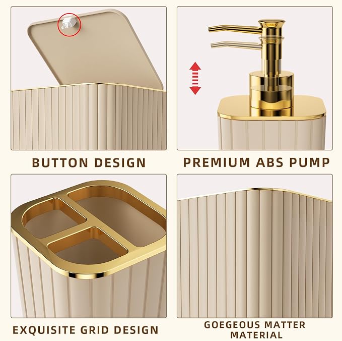 XLHOMO 26PC Bathroom Accessories Set - Gorgeous Beige Bathroom Set, Bathroom Accessory Set, Shower Curtain Set with Bathtub Mats for Shower Tub, Trash Can & Soap Dispenser