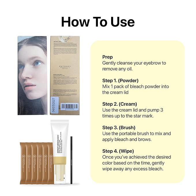 ENTROPY Eyebrow Bleach Kit – At-Home Eyebrow Lightener with Ammonia-Free Formula, Includes Powder Packs, Cream & Applicator Brush | Up to 6 Uses | Fast Brow Lightening