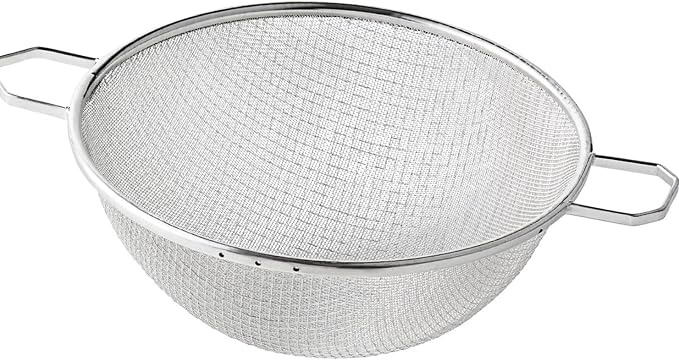 Soro Essentials- 10.25" Double Tinned Fine Mesh Strainer with Pan Hook Wooden Handle- Food Sieve Strainer Kitchen Mesh Strainer Utensil for Cooking Rice Quinoa Pasta Fruits Vegetable Home Kitchen -