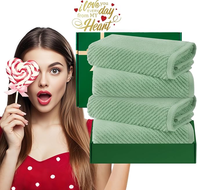 VOOVA & MOVAS Hand Towels 4PC, 100% Cotton, 18x28 in, Sage Green | Thick, Quick Dry, Soft, Absorbent, Bathroom Essentials, Suitable For Shower, Gym, Daily Household