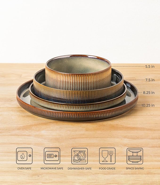 TheTerra Ceramic Dinnerware Sets with Pasta Bowls for 4, 16 Pieces Porcelain Lightweight Plates and Bowls Sets, Scratch Resistant Dish Set, Oven & Microwave & Dishwasher Safe, Coca Mocha