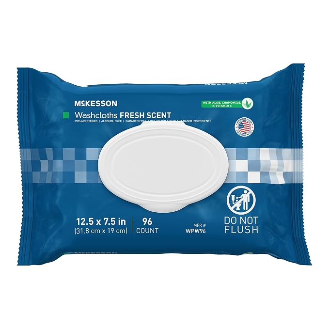 McKesson Washcloth Wipes, Scented - Disposable Wet Wipes for Adults - Alcohol-Free - No-Rinse Formula - Snap Lid Soft Pack, 96 Count, 1 Pack