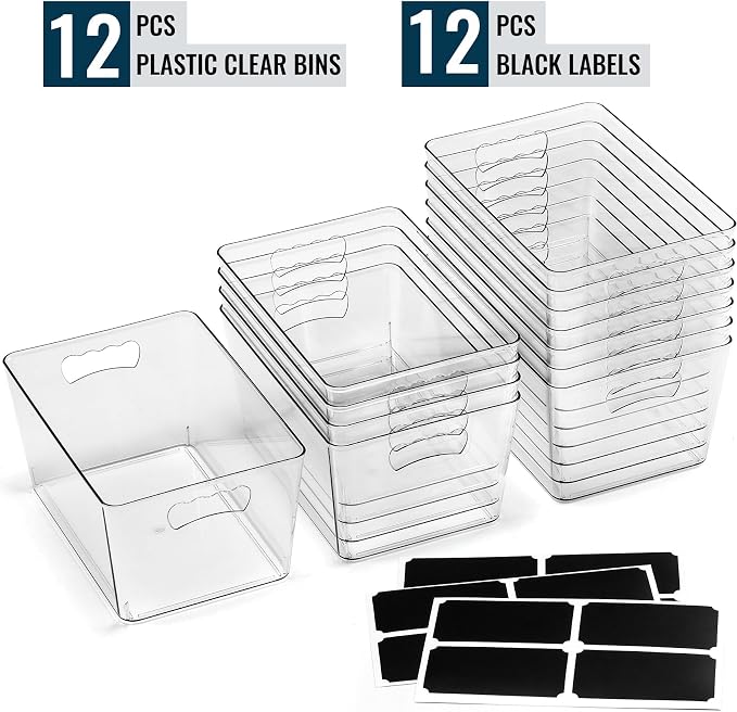 12 PACK LARGE Clear Storage Bins with Handles & Labels, Multiuse Plastic Pantry Organizer Bins for Home Kitchen, Fridge, Freezer, Cabinet, Closet, Bathroom, Shelf, Laundry, RV, Under Sink Organization