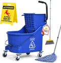 Matthew Cleaning Blue 44Quart Commercial Mop Bucket INCL.Wet String Mop& 19'' Industrial Wet Floor Sign with Side Press Wringer On Wheels,Tandem Portable Floor Cleaning Wavebrake,Ideal for Household