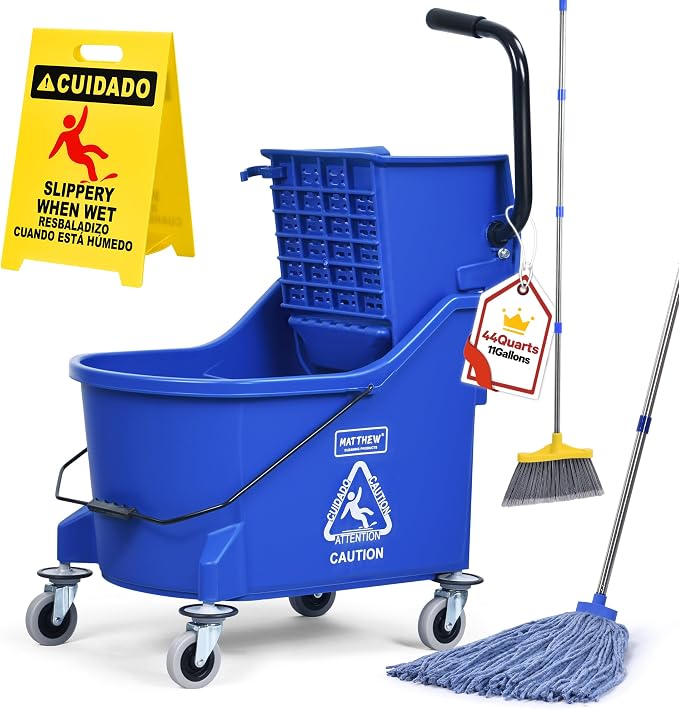 Matthew Cleaning Blue 44Quart Commercial Mop Bucket INCL.Wet String Mop& 19'' Industrial Wet Floor Sign with Side Press Wringer On Wheels,Tandem Portable Floor Cleaning Wavebrake,Ideal for Household