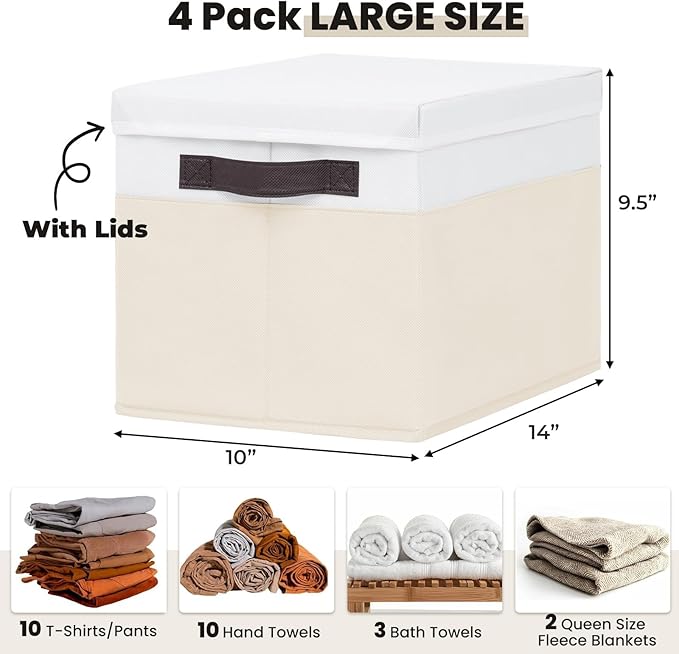 Large Nursery Closet Organizer Bins with Lids 4 Pack - 23 QT Decorative Storage Baskets for Living Room Bedroom Shelf - Stackable Storage Boxes with Lids Handles for Clothes Sweater Book Towel Purse