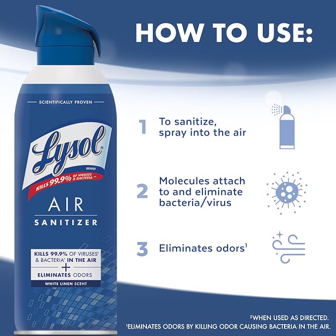 Lysol Air Sanitizer Spray with Bacterial Odor Eliminator for Home & Office, Sanitizing Air Spray, Air Freshener Alternative, White Linen Scent, 10 oz (Pack of 3)
