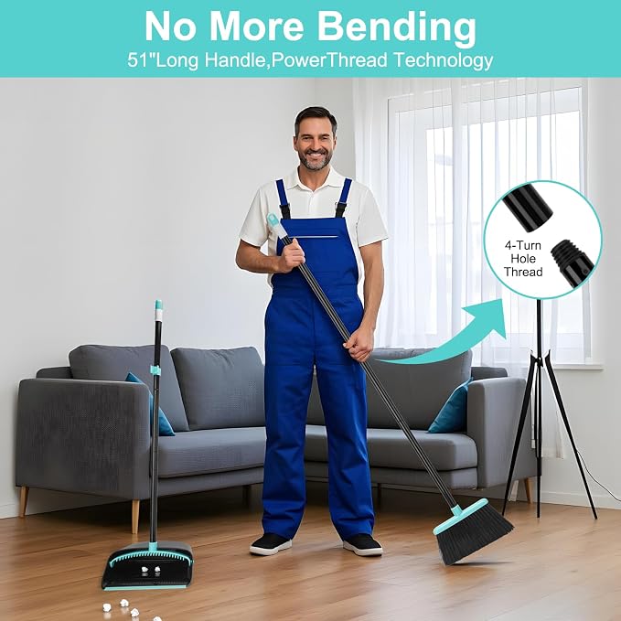 Upgrade Broom and Dustpan Combo Set, Extendable 52" Long Handle Broom for Easy Sweeping, Self-Cleaning Dust pan Teeth for Pet Hair, Perfect for Home, Kitchen, and Office
