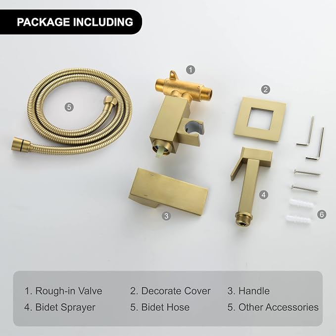 SHAMANDA Warm Water Bidet Sprayer for Toilet with Hot and Cold Brass Rough-in Valve, Stainless Steel Handheld Bidet Attachment Set for Feminine, Pets and Baby Diaper Wash, Brushed Gold, BDS08-3