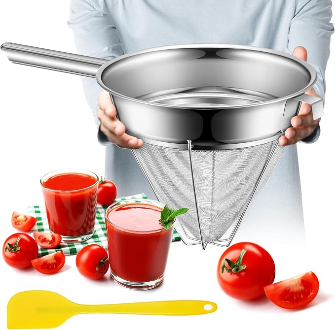 SiliFine 10 Inch Stainless Steel Reinforced Bouillon Sieve Strainer Cone Fine Mesh Strainer with Handle and Rubber Pestle for Kitchen Food Cooking