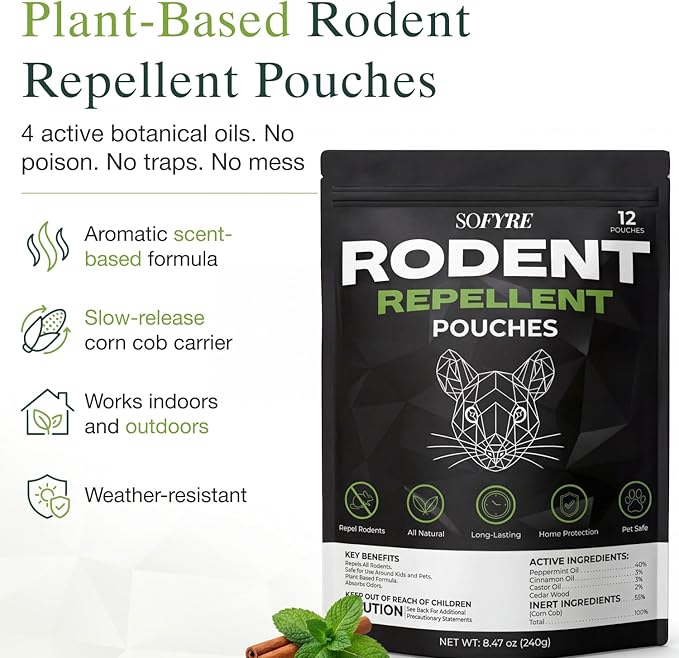 SoFyre Rodent Repellent Pouches 12-Pack Mouse Repellent for Home RV Garage Car Basement, Mice Indoor & Outdoor Deterrent, Peppermint Cinnamon Cedarwood Rat Repellent, Plant-Based Natural Pest Control