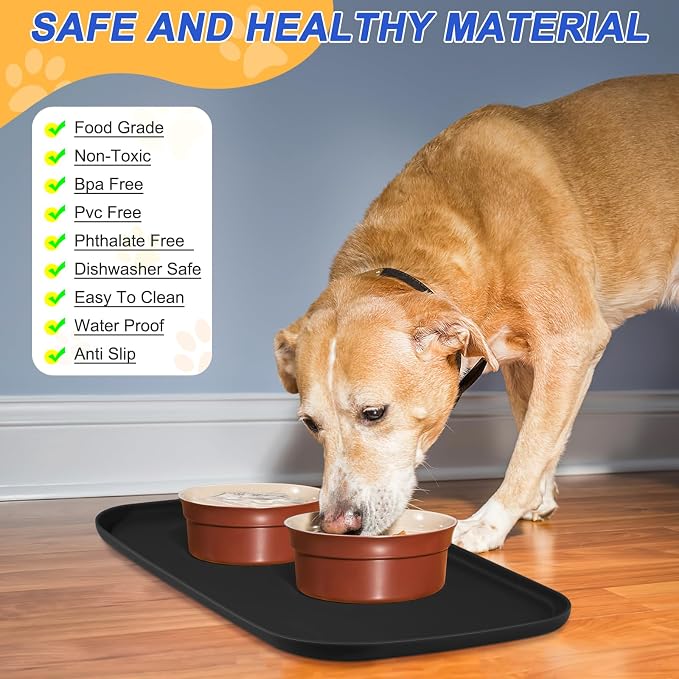 SMILOOL Waterproof Silicone Pet Food Mat with Raised Edge for Dog & Cat | 24" x 16" Non-Slip Pet Feeding Mats with Lip for Food & Water Bowl, Food Grade, Easy Cleaning, Black