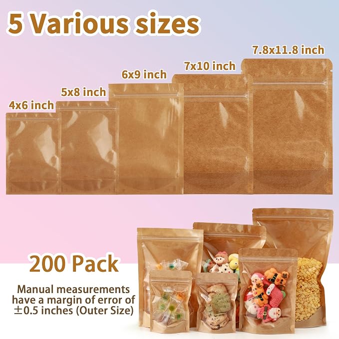 200 Pack Kraft Paper Bags with Clear Window 6x9 Reclosable Small Stand Up Mylar Bags for Food Storage Resealable Smell Proof Pouch, Edible Packaging, Reusable bags for Small Business