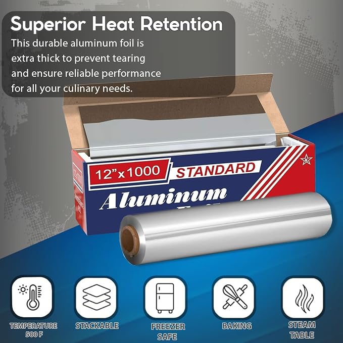 12" x 1000" (4 Pack) Standard Aluminum Foil Roll - Food Service Aluminum Roll - Commercial Grade Disposable Foil Roll for Food Service Industry and Home Use