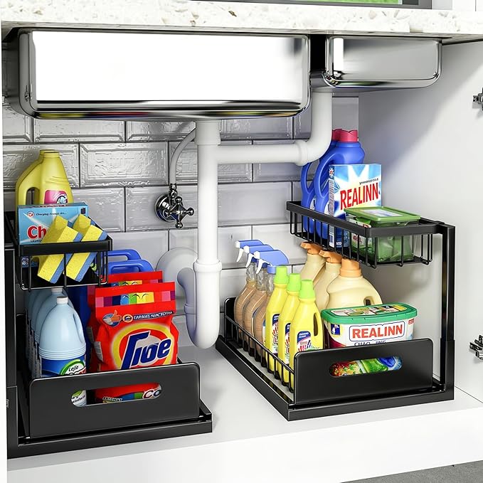 REALINN Under Sink Organizer, L-Shaped 2 Tier Pull Out Cabinet Organizer for Kitchen and Bathroom, Slide Out Under Cabinet Storage, Metal Under Sink Storage with Sliding Drawer, 50 lbs, Black 2 Pack