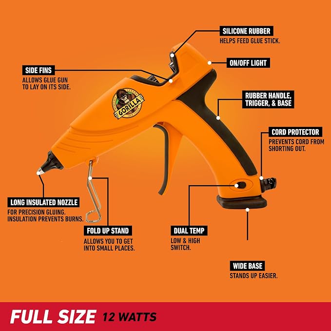Gorilla Hot Glue Gun Kit (Pack of 1 Full Size Hot Glue Gun and 45 Sticks) - Dual Temp, Precision Nozzle, and Easy Squeeze Trigger