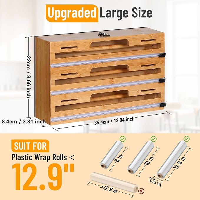 Allinside Magnetic Plastic Wrap Dispenser with Cutter, 3 in 1 Refrigerator Bamboo Wood Organizer for Tin Foil, Baking Paper, Wax Paper Holder Kitchen Storage Box Compatible with 12.9" Roll (3 Layer)