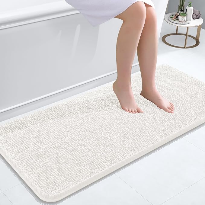 OLANLY Bathroom Runner Rugs 47x20, Extra Soft Absorbent Chenille Bath Rugs, Rubber Backing Quick Dry, Machine Washable Long Bath Mats for Bathroom Floor, Tub and Shower, Home Decor Accessories, Ivory