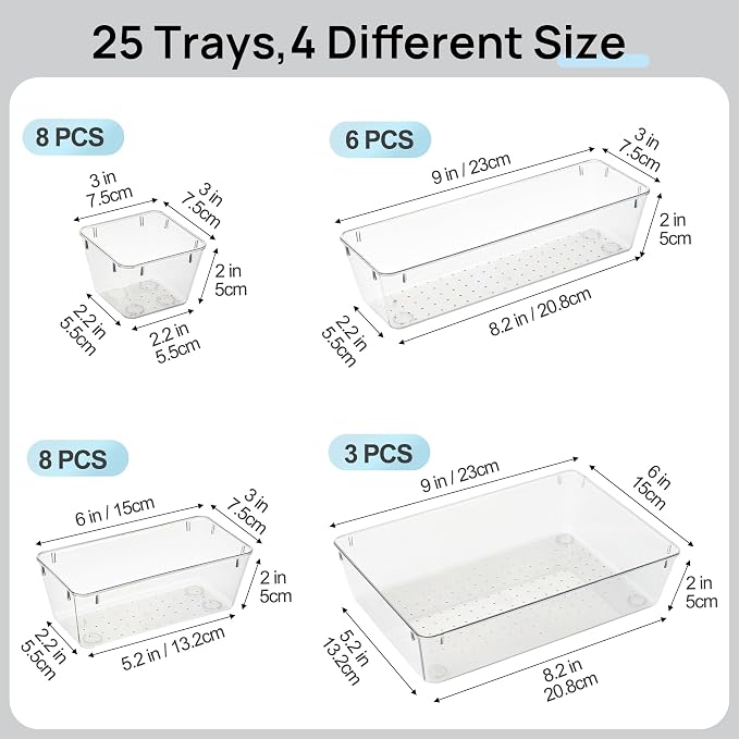 Vtopmart 25 PCS Office Desk Drawer Organizers Set, 4-Size Versatile Plastic Drawer Organizer Trays, Storage Bins for Desk Accessories Office Organizers and Storage, Bathroom, Makeup, Vanity