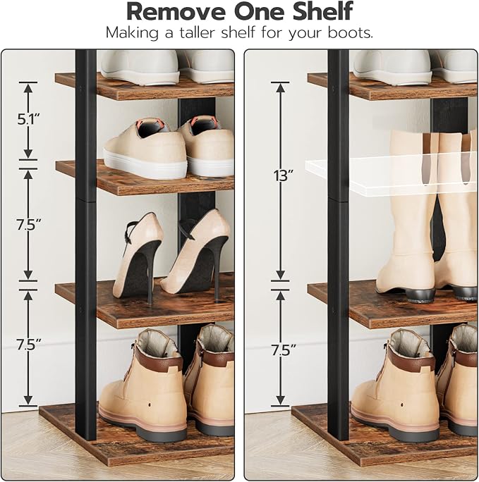 HOOBRO 8 Tiers Vertical Shoe Rack, Wooden Shoe Storage Organizer with Hooks, Narrow Shoe Tower for 16 Pairs, Space Saving, for Entryway, Living Room, Bedroom, Rustic Brown BF750XJ01