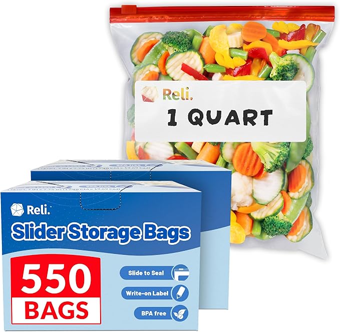 Reli. Quart Food Storage Bags (550pk) | Resealable Storage With Sliders | Quart Size Resealable Bags For Food, Toys, Supplies | Slide to Seal, Microwave-Safe, Write-On Label, BPA Free